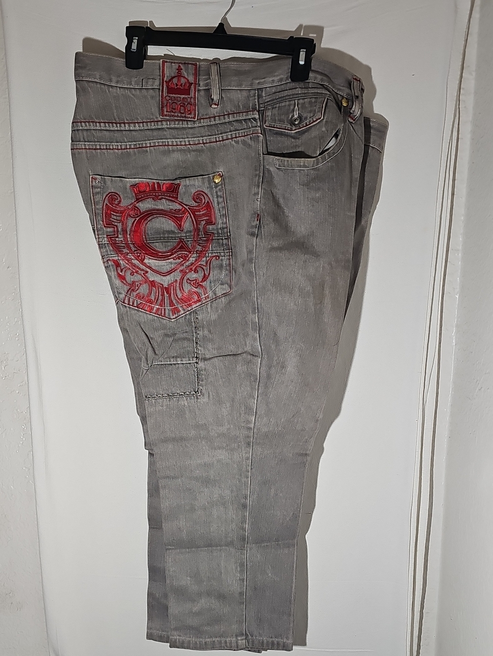 COOGI Grey Slim Straight Jeans with Red Embroidered Crest